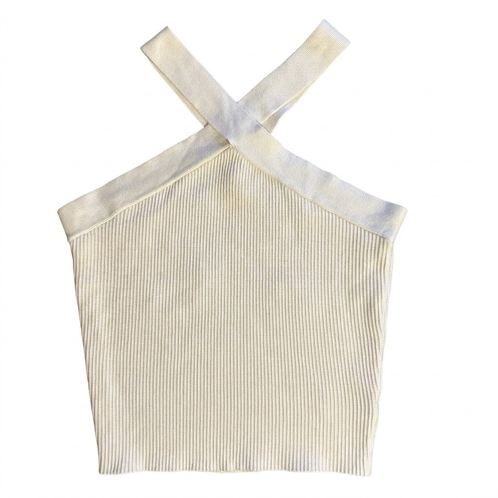 House of Harlow 1960 Cream Ribbed Criss Cross Straps Crop Tank Top Women Size XL